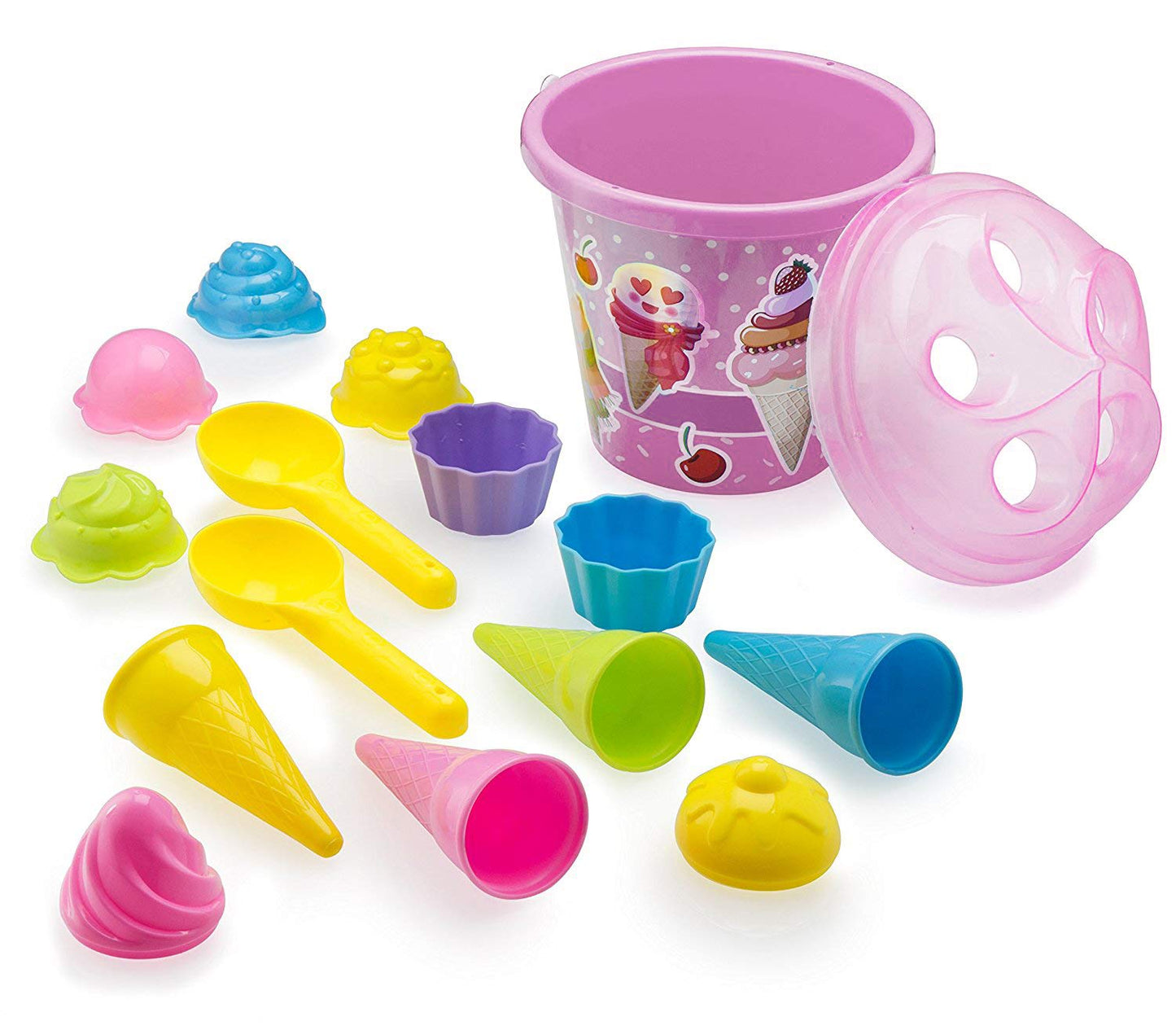 Top Race Ice Cream Sand Toys for Kids with Large 9" Bucket Pail and Spade Scoop Shovels - Kid Beach Toys | 16pcs (Pink) Ice Cream Playset Great