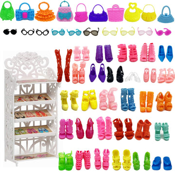 51PCS Doll Accessories + 1 Shoe Rack 30 Pairs Doll Shoes 10 Handbags 10 Glasses Replacement Fashion Playset Accessories Different Assorted Colors High