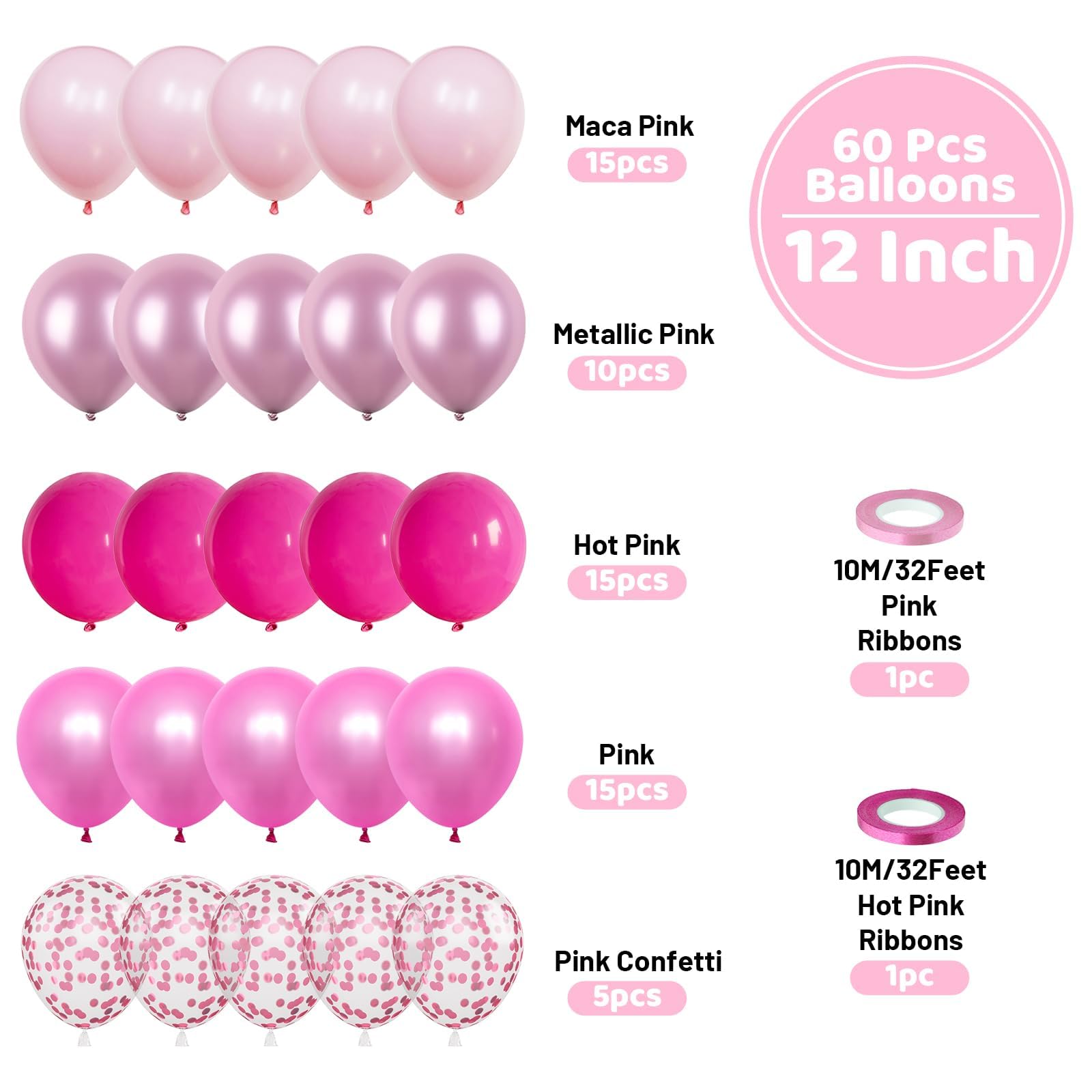 Funhot Pink Balloons Set, 60PCS Hot Pink Latex Balloons, 12Inch Pink Confetti Balloon Pastel Pink Metallic Party Balloons Helium for Girls Women Baby