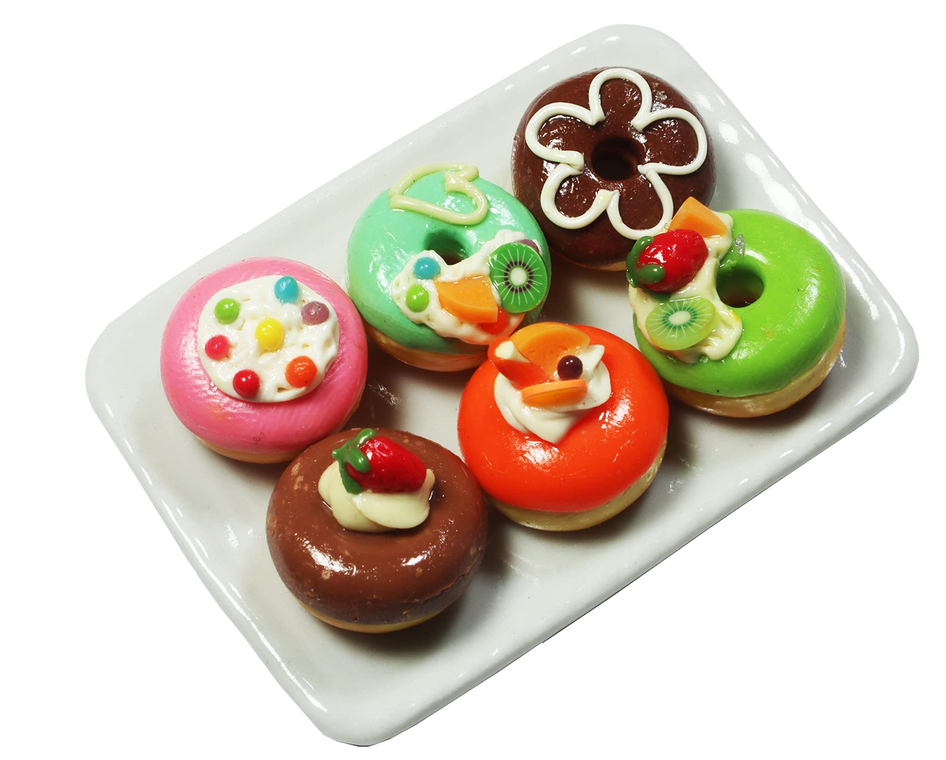 6 Pcs Miniature Donut Set - Handmade Clay Donuts on Ceramic Plate (0.6 Inch Each, Plate 2 x 1.5 Inch), 1/6 Scale Dollhouse Food Accessories