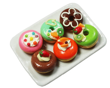 6 Pcs Miniature Donut Set - Handmade Clay Donuts on Ceramic Plate (0.6 Inch Each, Plate 2 x 1.5 Inch), 1/6 Scale Dollhouse Food Accessories