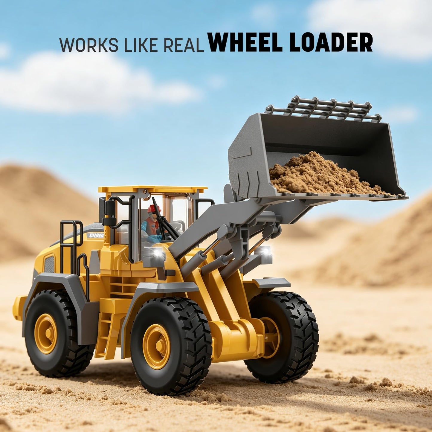 KIDMARKT Metal RC Wheel Loader Toy | 9-Channel Remote Control Construction Truck with Realistic Lights & Sounds, 1:20 Scale Rechargeable Vehicle