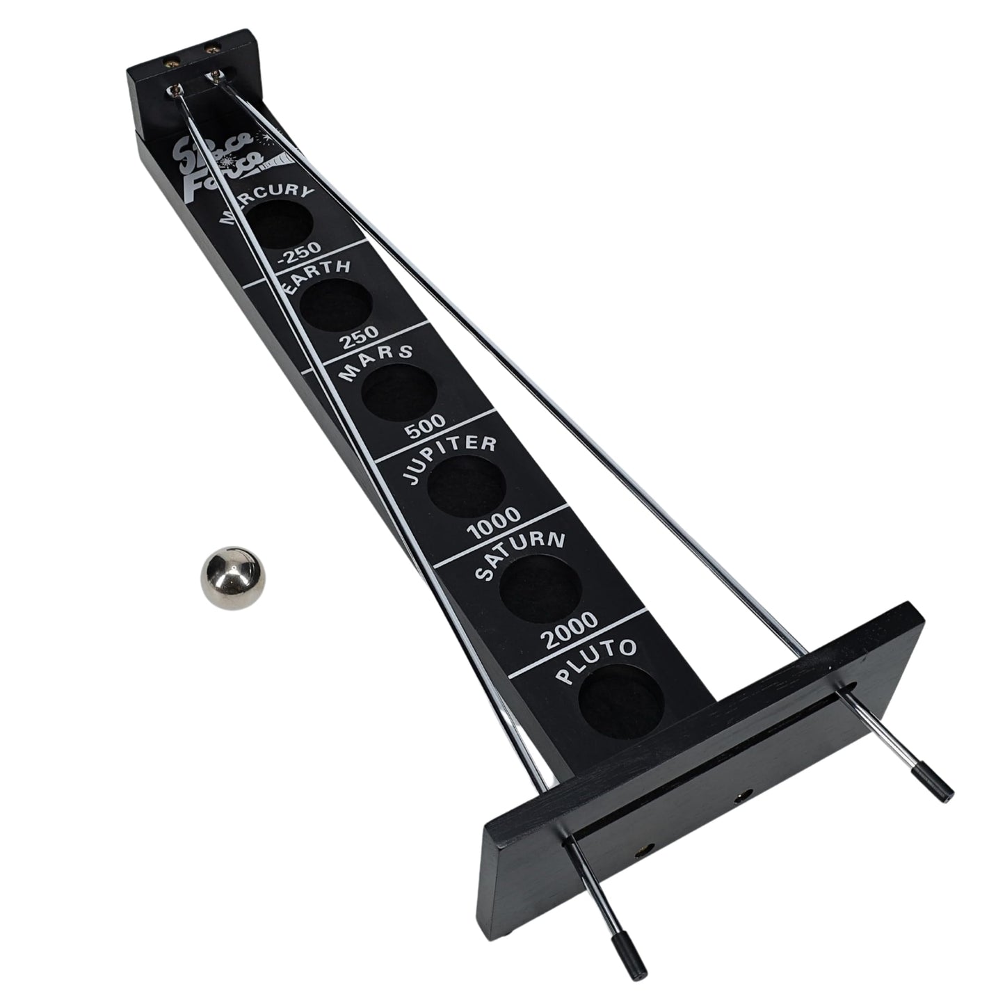 WE Games Shoot the Moon Game, Large 18 inches, Black Stained Solid Wood Board with Metal Ball and Rods, Retro Balancing Game for Family and Bar