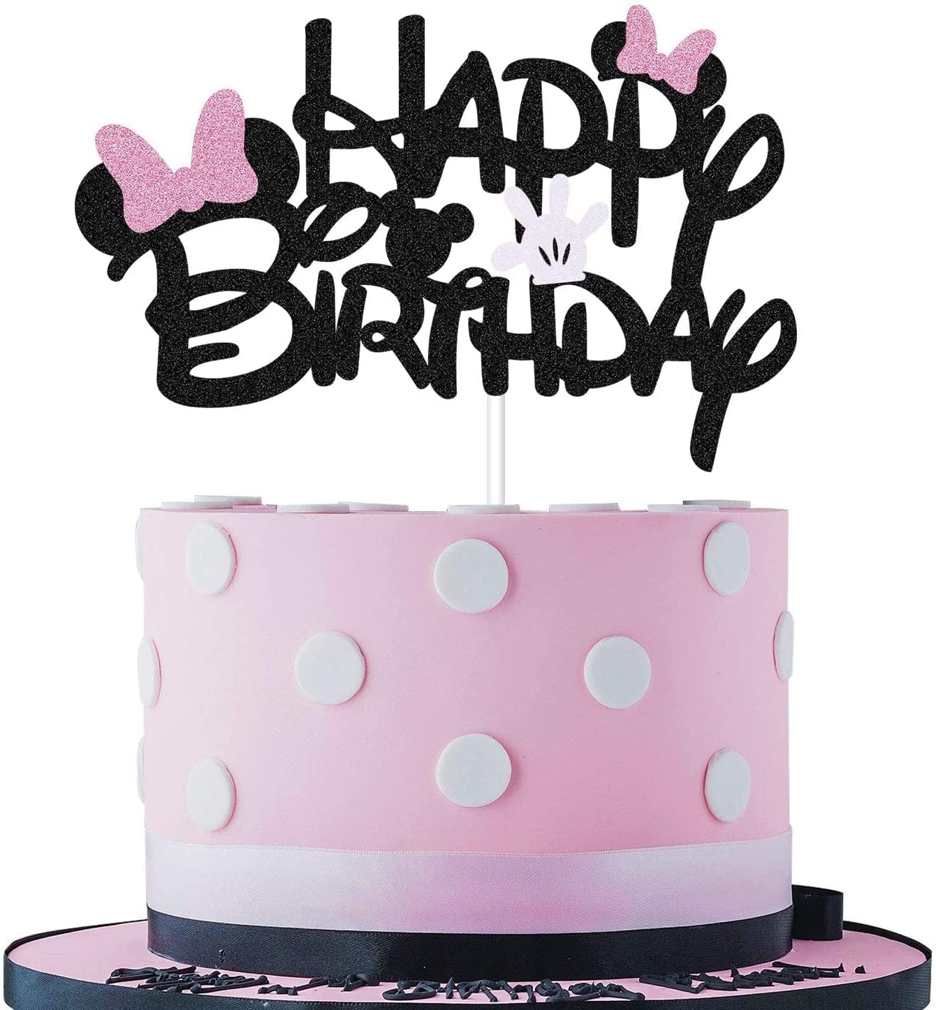 Black Glitter Minnie Inspired Happy Birthday Cake Topper with Pink Bows and White Gloves Girls Birthday Party Decorations Supplies