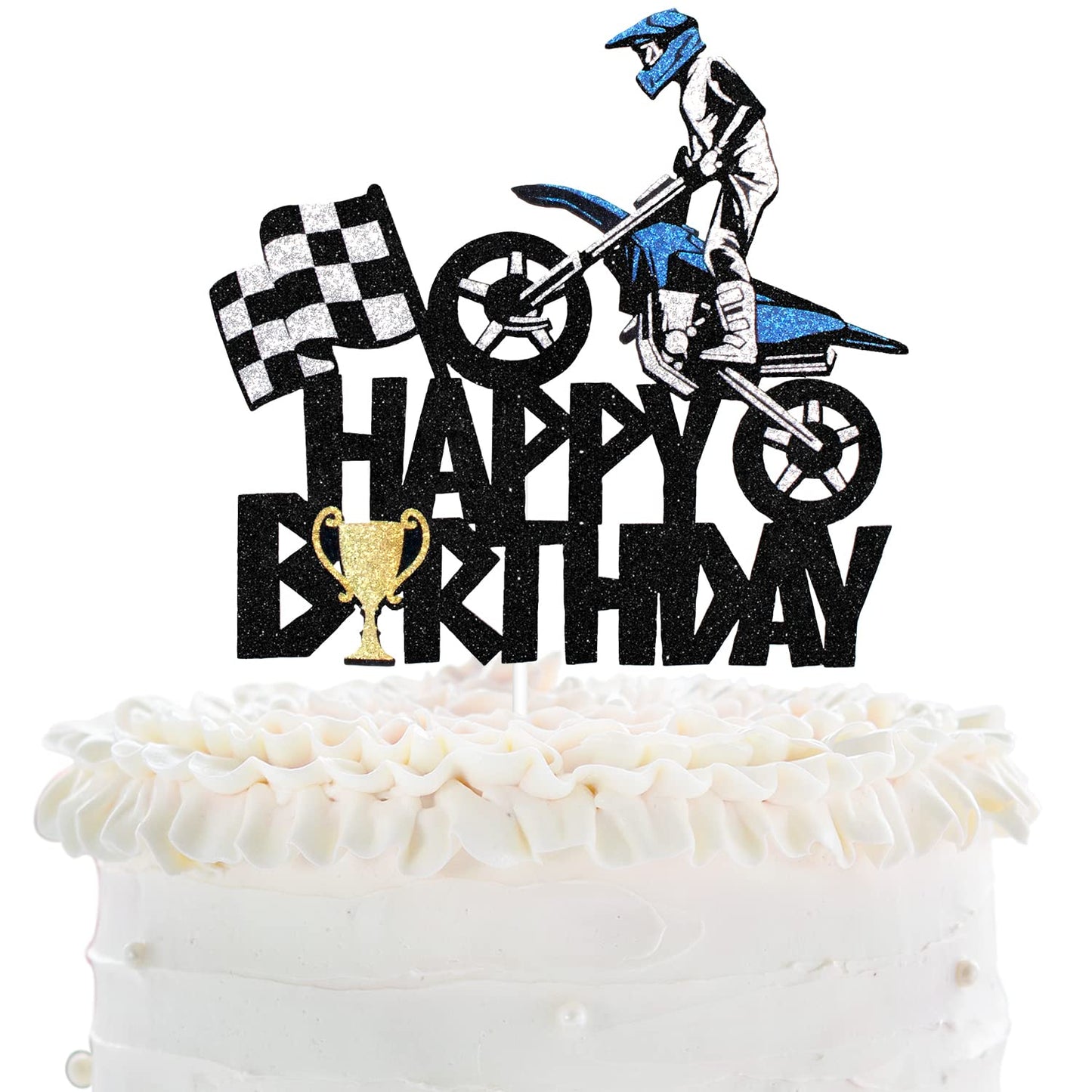 Motorcycle Happy Birthday Cake Topper - Extreme Sports Racing Birthday Party Glitter Autocycle Player Cake Topper - Sport Man Boy Motocross Racing