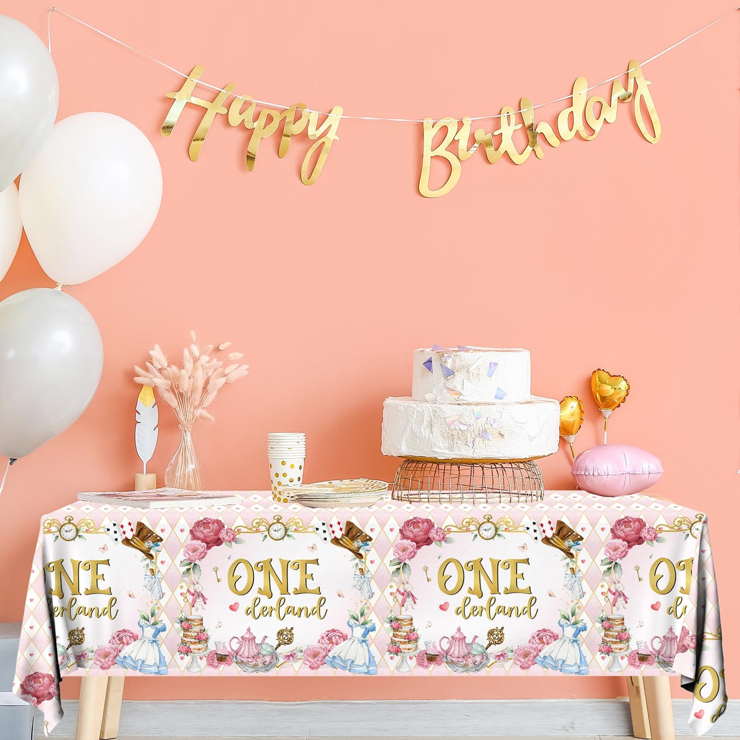Gumwaqu Wonderland Birthday Tablecloth,Tea Birth-Day Decoration 3pcs Onderland Baby Shower Table Covers,Waterproof Plastic Wonderland 1st Birth-Day