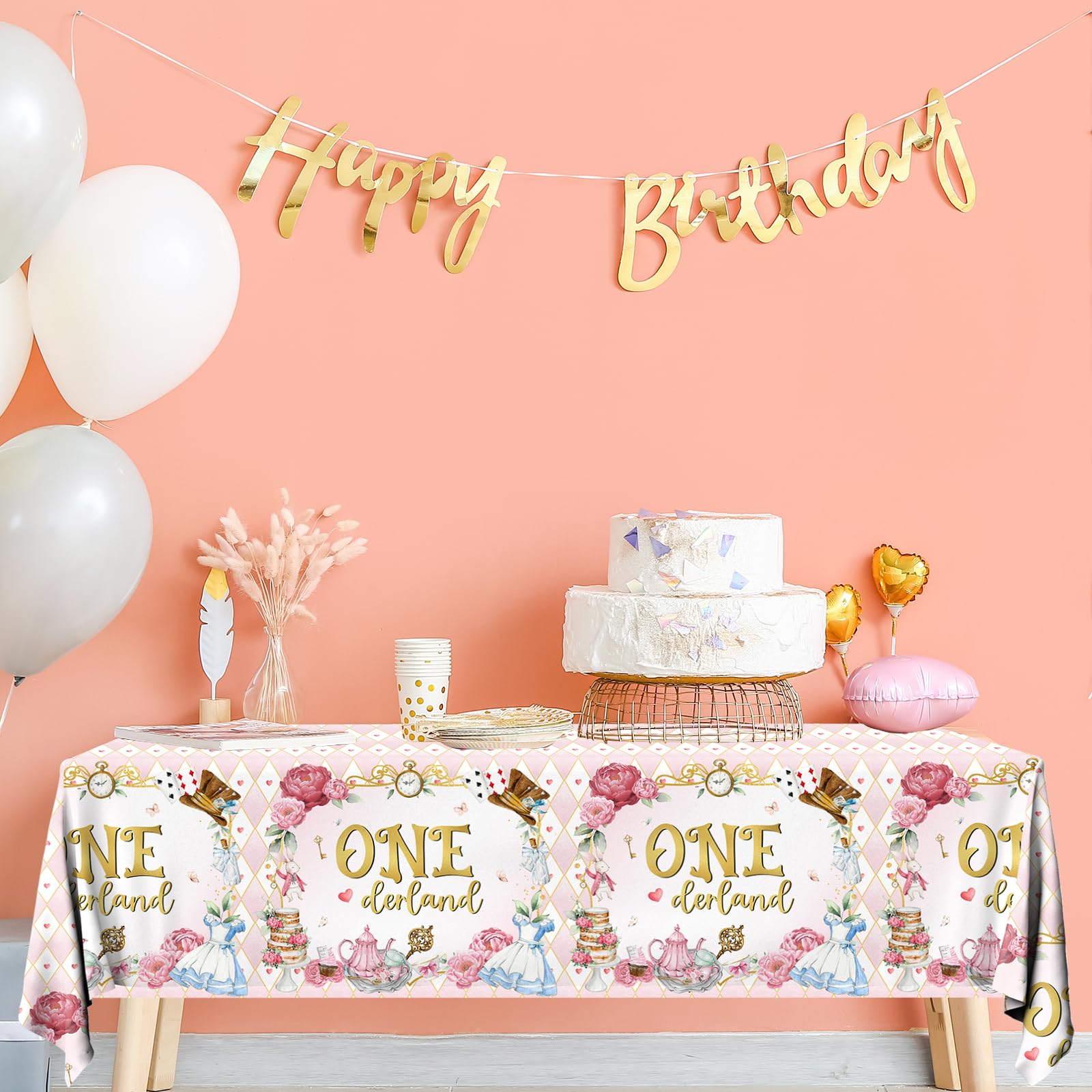 Gumwaqu Wonderland Birthday Tablecloth,Tea Birth-Day Decoration 3pcs Onderland Baby Shower Table Covers,Waterproof Plastic Wonderland 1st Birth-Day