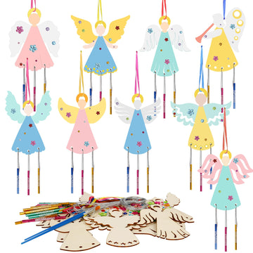 Fennoral 9 Pack Angel Wind Chime Kits for Kids Make You Own Angel Wind Chimes DIY Wooden Crafts to Paint for Art Activities Christmas Tree Hanging
