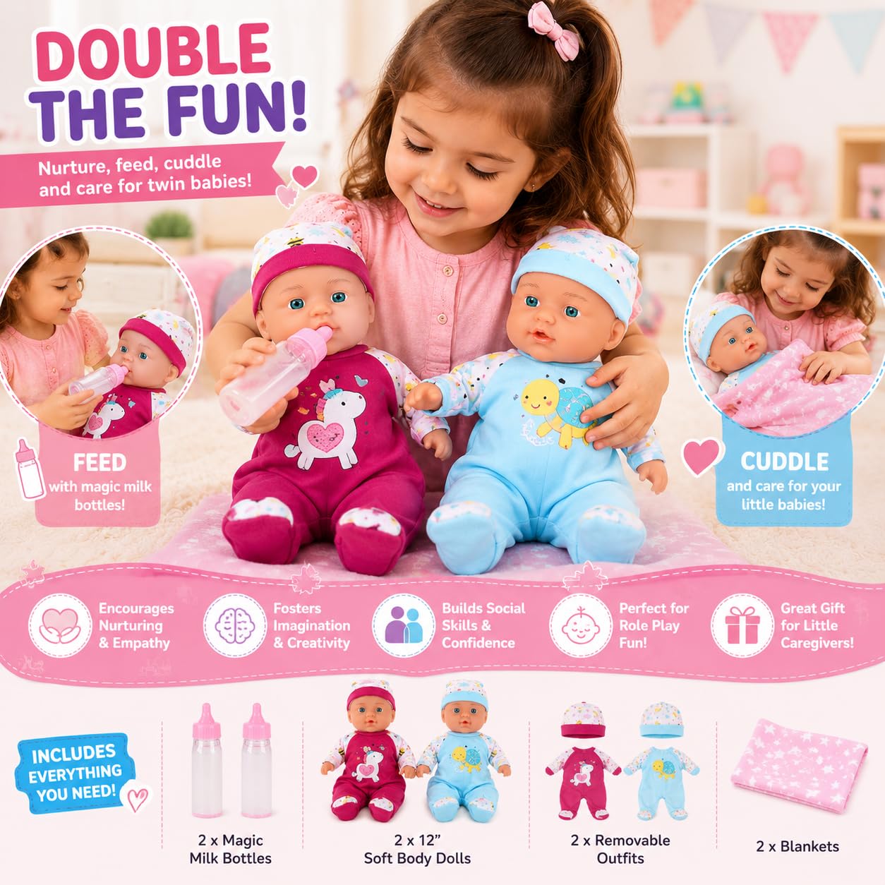 2 Pack Twin Baby Dolls for Girls, 12 Inch Soft Body Talking Baby Doll Set with Magic Disappearing Milk Bottles, Realistic Newborn Boy & Girl Dolls for