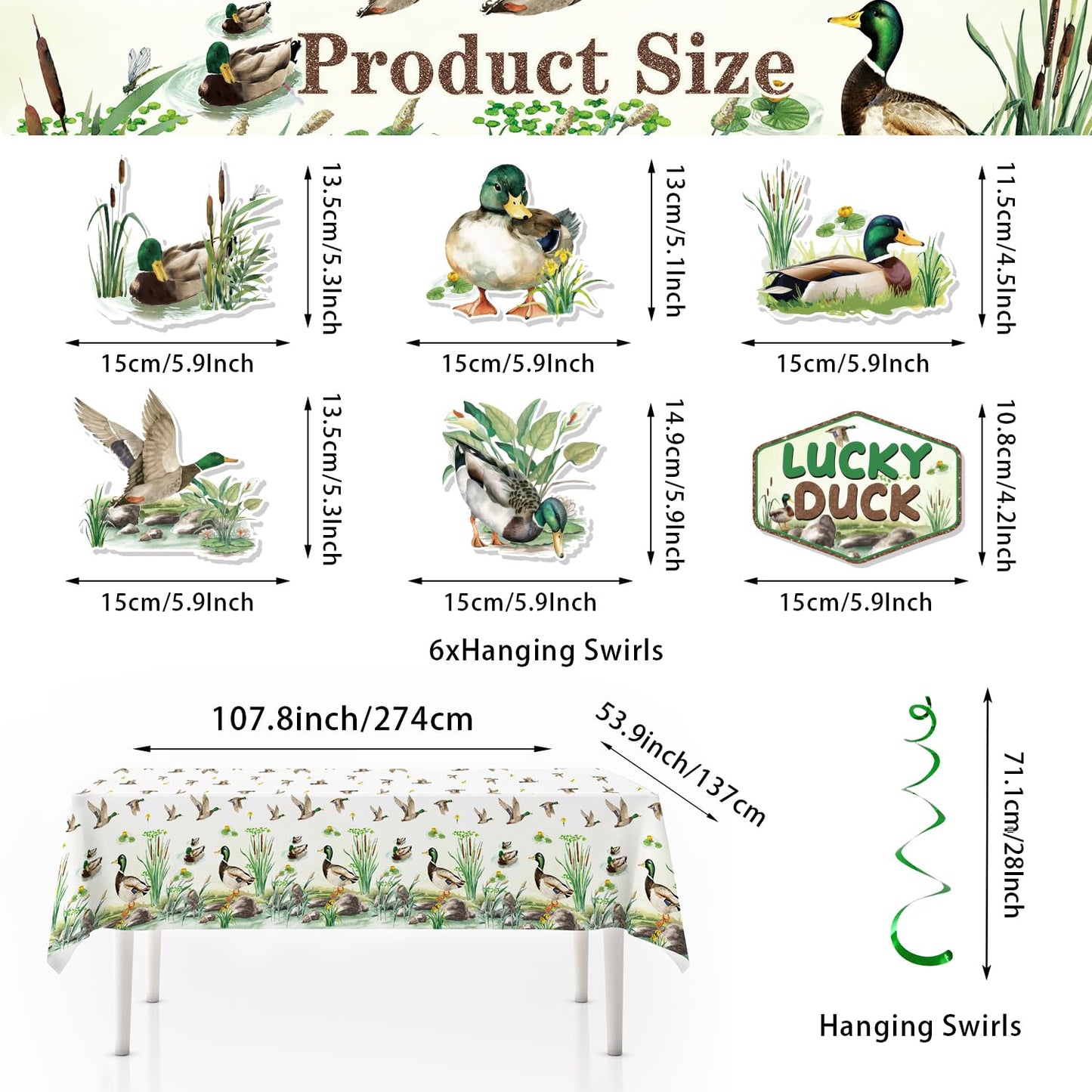 One Lucky Duck Birthday Decorations - 120PCS Mallard Duck Baby Shower Decorations with Banner, Hanging Swirls, Balloons, Tablecloths, Plates, Napkins