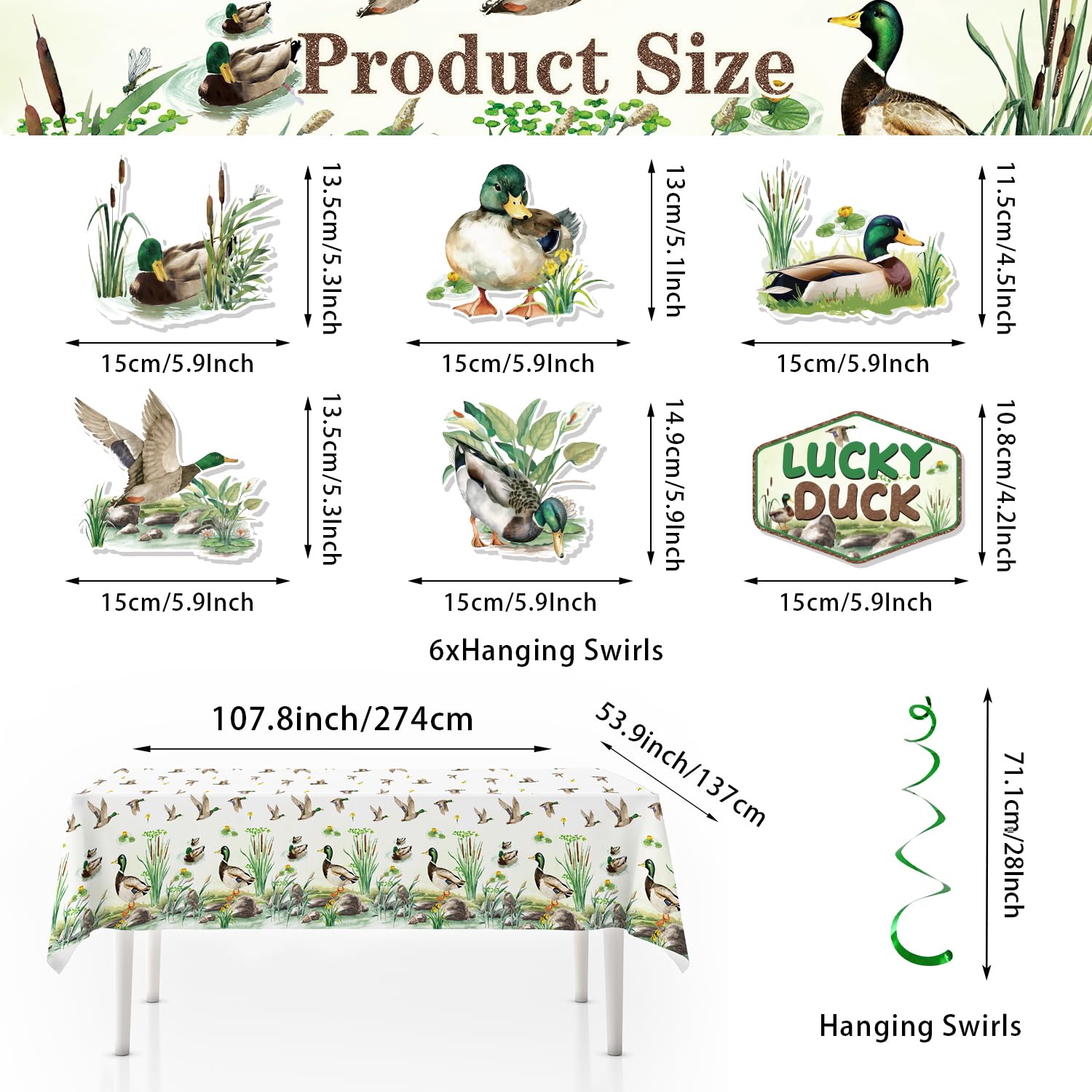 One Lucky Duck Birthday Decorations - 120PCS Mallard Duck Baby Shower Decorations with Banner, Hanging Swirls, Balloons, Tablecloths, Plates, Napkins
