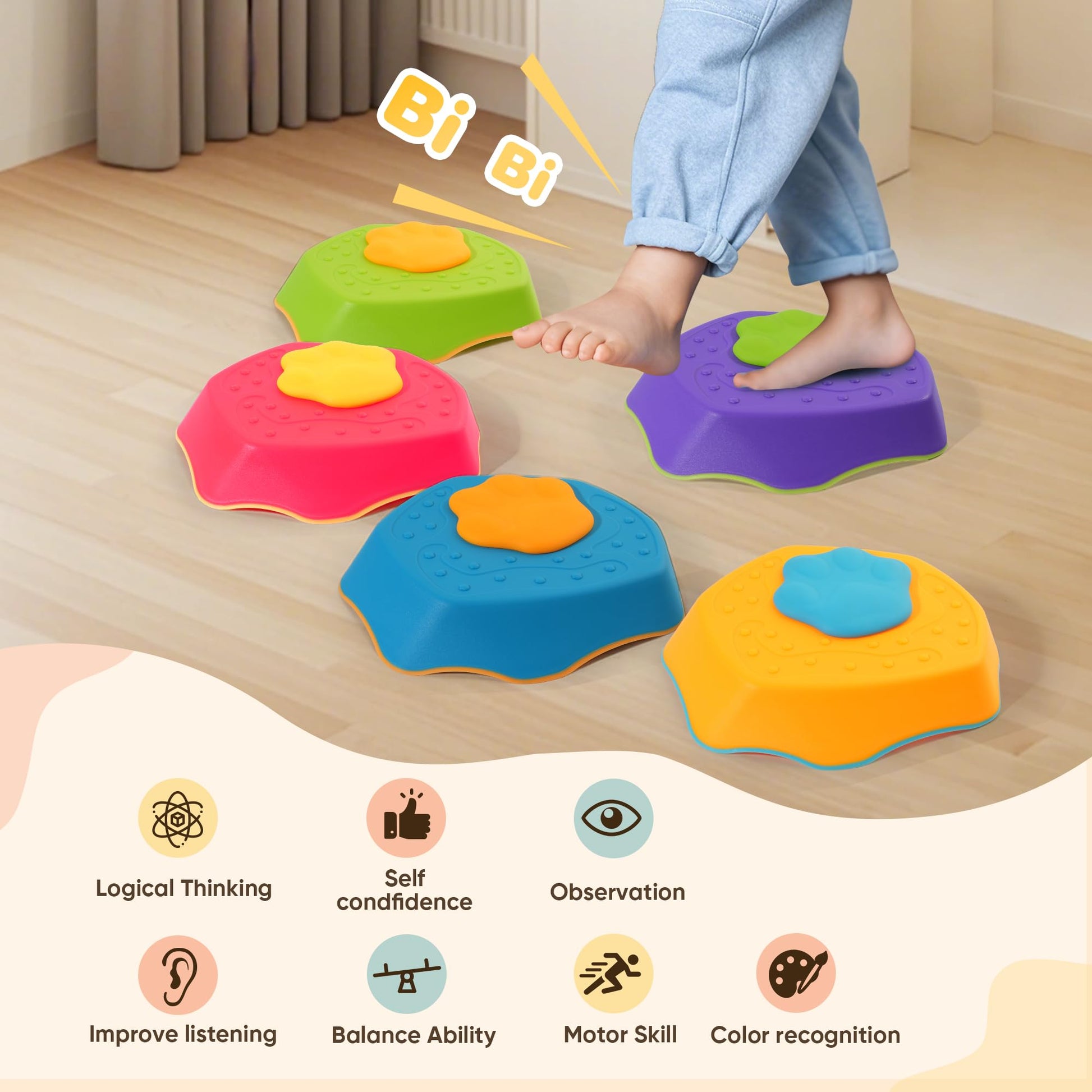 G-WING Stepping Stones for Kids, 5-Piece Balance Stones with SOUND EFFECTS & Non-Slip Base, Indoor/Outdoor Motor Skills Toys for Toddlers Age 3+