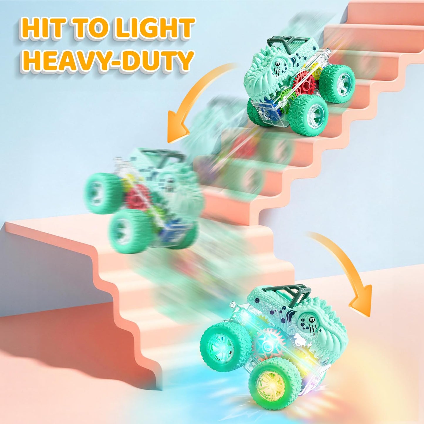 Beestech Light Up Dinosaur Toys for Toddlers 2-4, Monster Truck Toys for Kids 3-5, Push and Go Dinosaur Cars Toys for 2 3 4 5 6 Years Old Boys