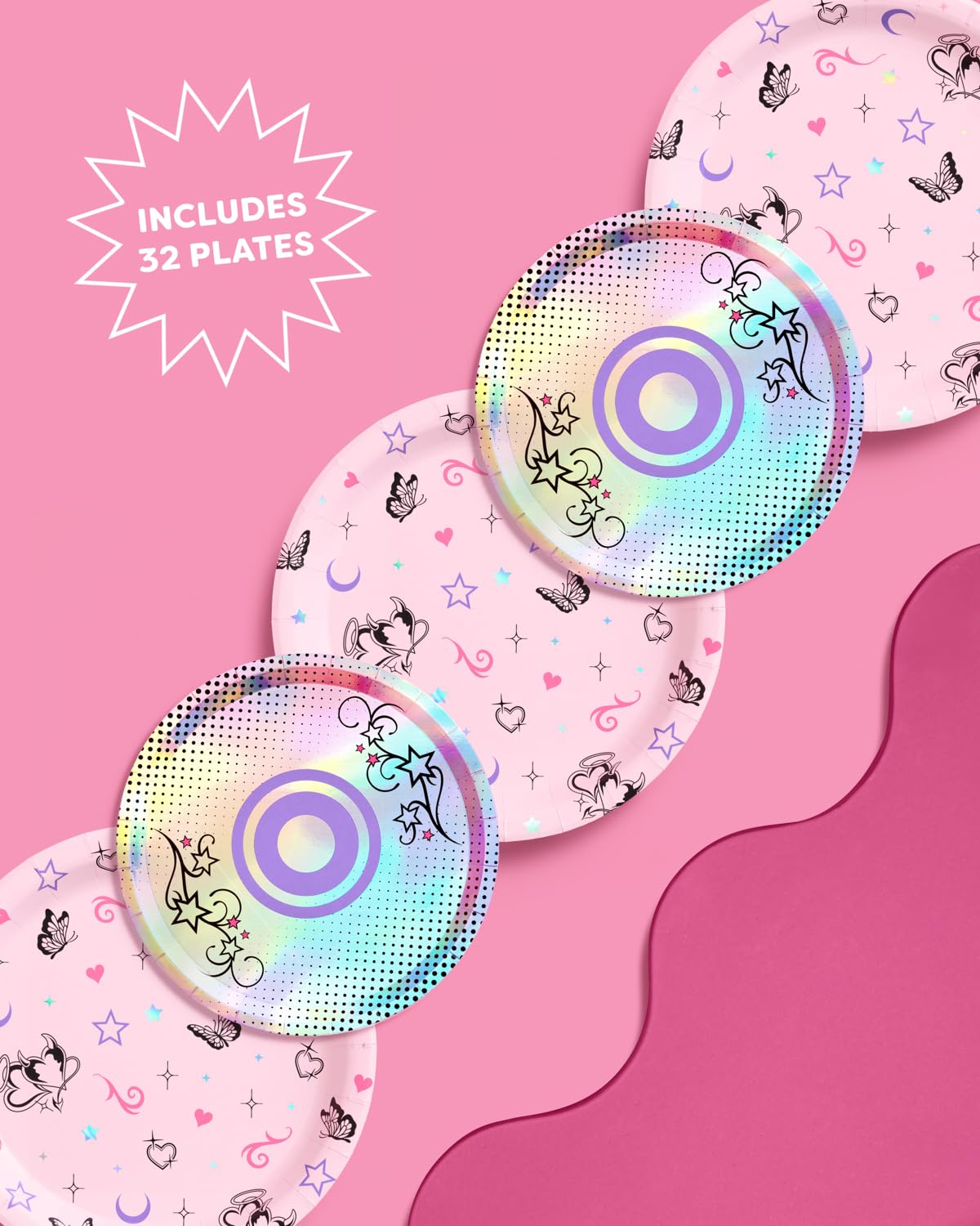 xo, Fetti Y2K Plate Set - 32 Paper Plates, 16 9" plates + 16 7" plates | Birthday Party, Retro CD 90s 2000s Theme, Butterfly, Iridescent Foil, Pink