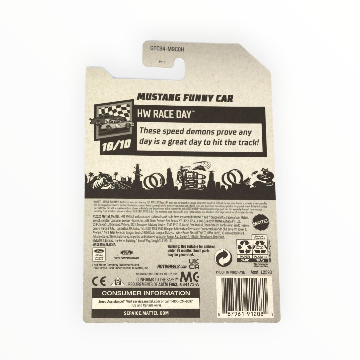 Hot Wheels Mustang Funny Car, [gray] 156/250 Race Day 10/10 Treasure Hunt