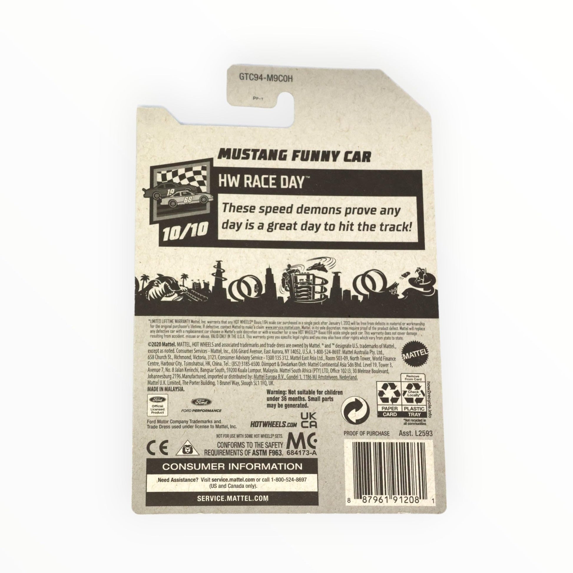 Hot Wheels Mustang Funny Car, [gray] 156/250 Race Day 10/10 Treasure Hunt
