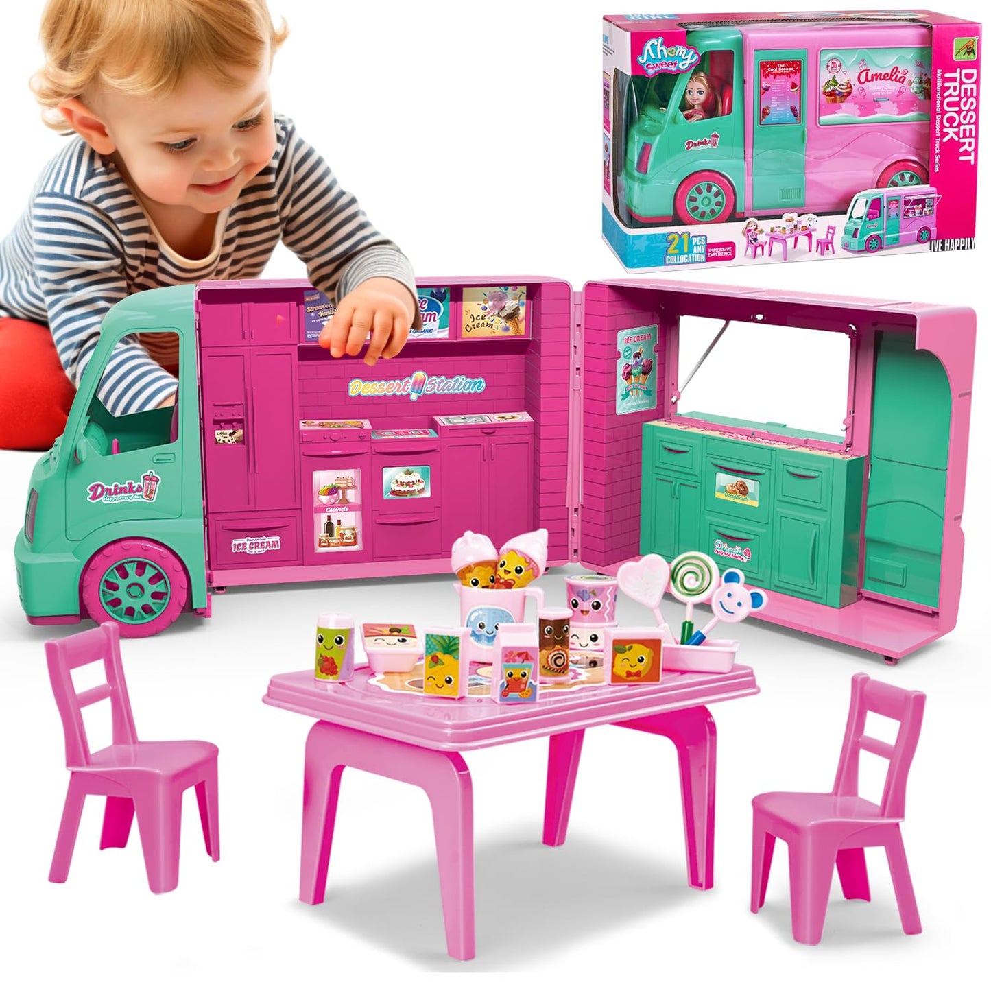 Dollhouse Ice Cream Truck Playset for Girls - Kids Kitchen Pretend Play Food Dessert Truck Toy with Doll, Table, Chairs & Accessories - Birthday Gift