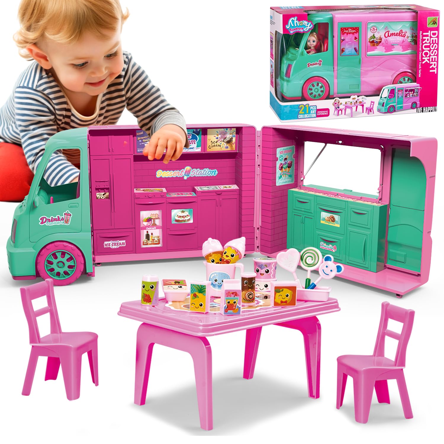 Dollhouse Ice Cream Truck Playset for Girls - Kids Kitchen Pretend Play Food Dessert Truck Toy with Doll, Table, Chairs & Accessories - Birthday Gift