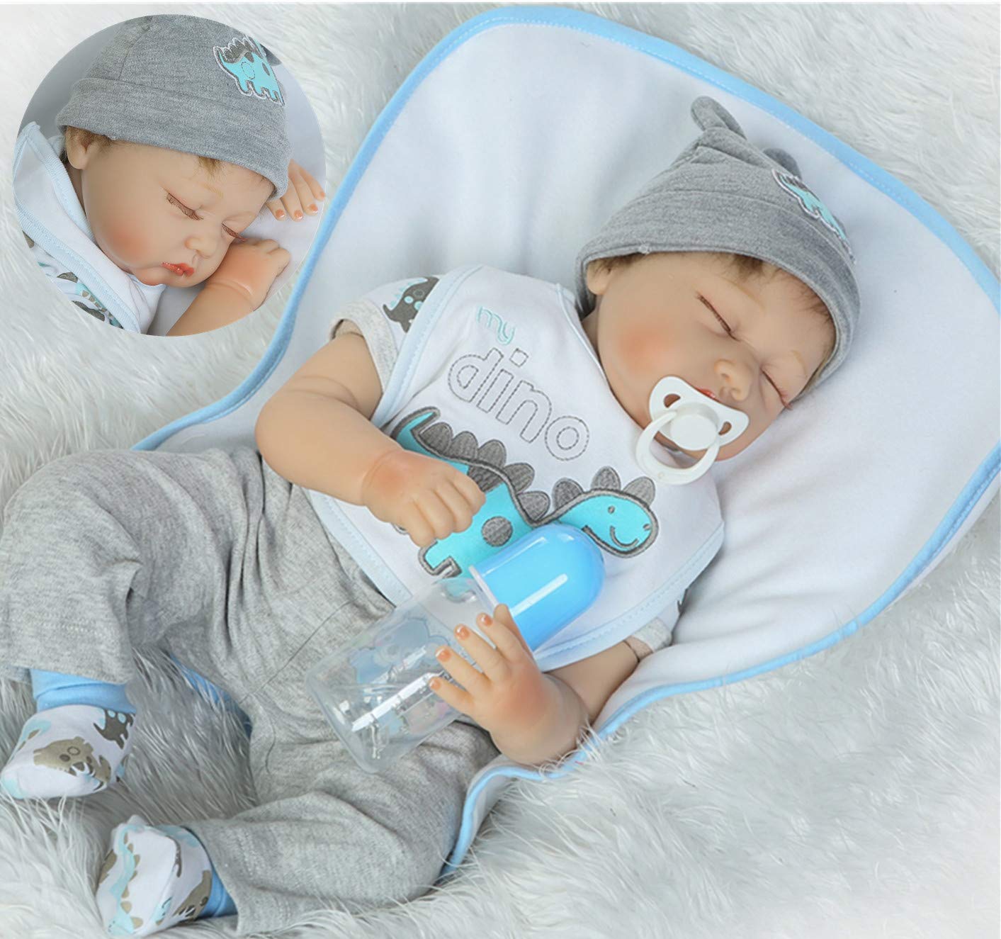 Reborn Baby Dolls Boy Clothes 22 inch Gray Dinosaur Outfit Accessories 5 pcs Sets Fit 20-22" Newborn Dolls Clothes