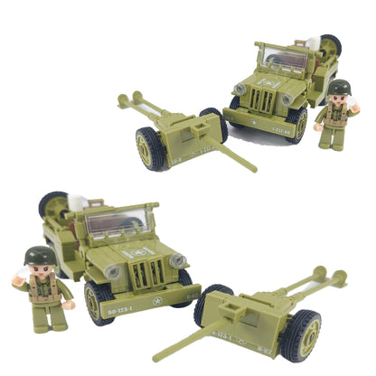 General Jim's WW2 US Army 4x4 Vehicle & Artillery Set Army Green Military Trucks with Tow Cannons, 2 Figures & Custom Weapons Brick Building Set