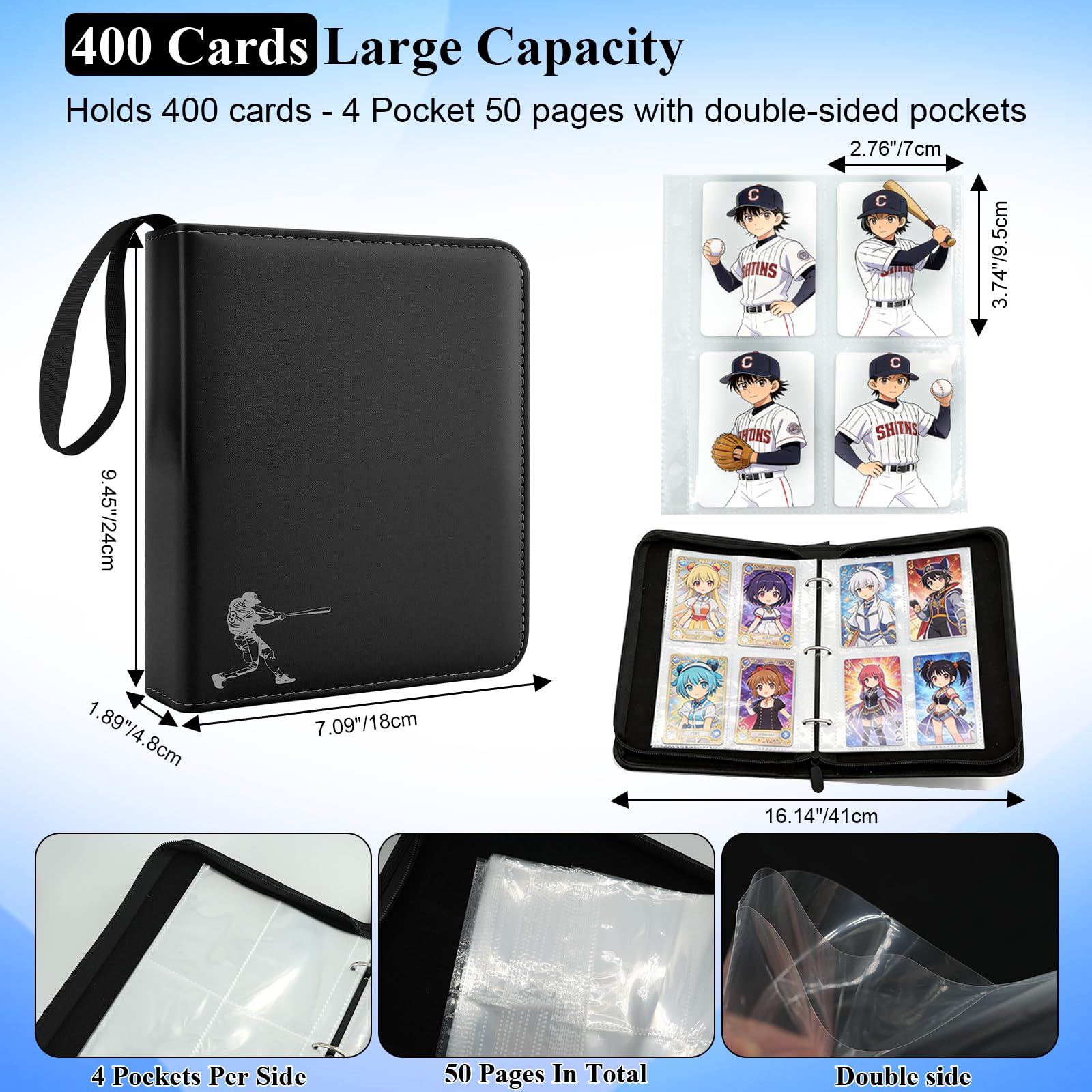 QULUXAO PU Leather Baseball Card Binder 4 Pocket,Holds 400 Cards Double Sided Black Card Binder,50 Removable Sleeves Baseball Cards Binder,3 Ring