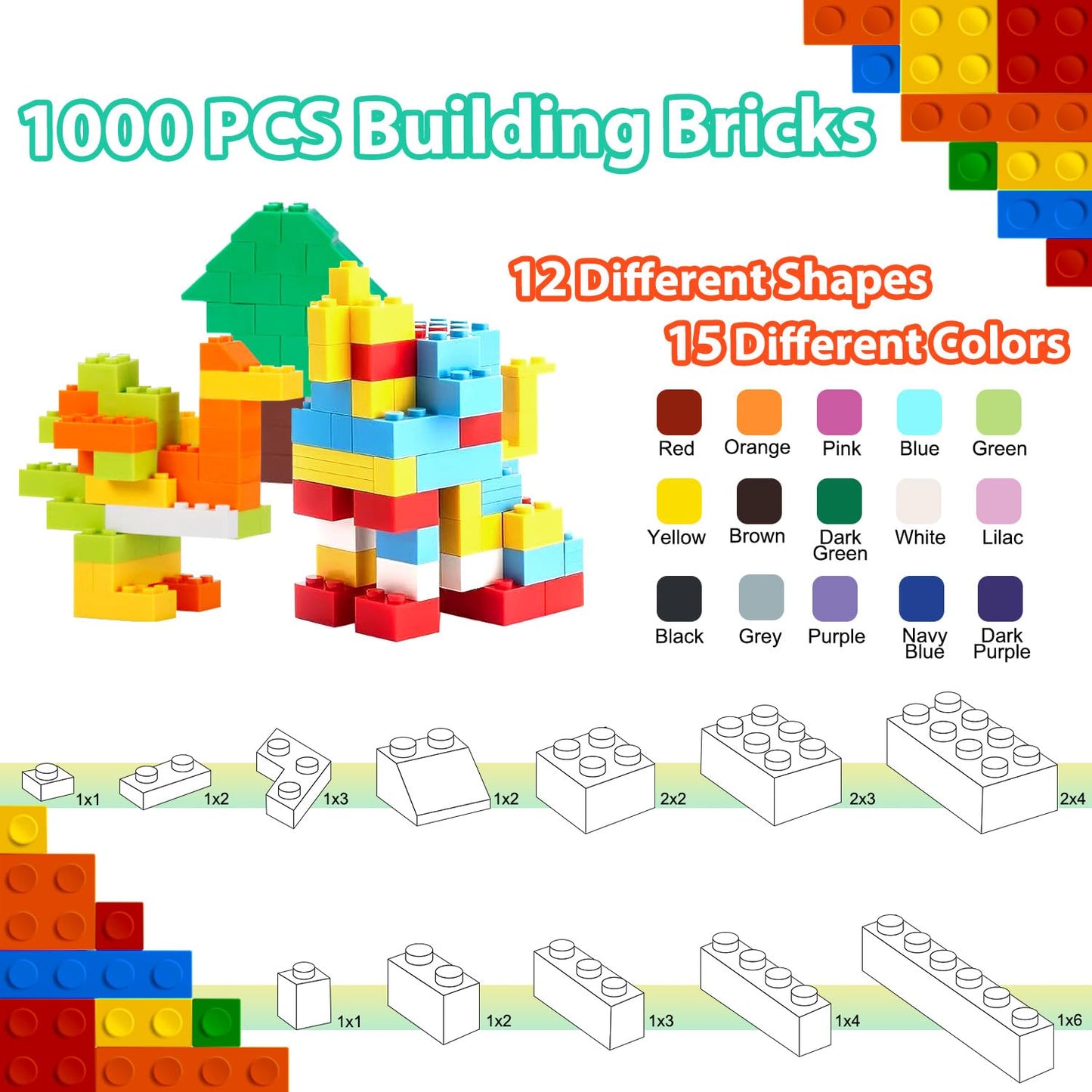 Carlerait 1000 Pieces Classic Building Bricks in 15 Popular Colors and 12 Mixed Shapes, Creative Small Building Blocks Set Learning Educational Toy