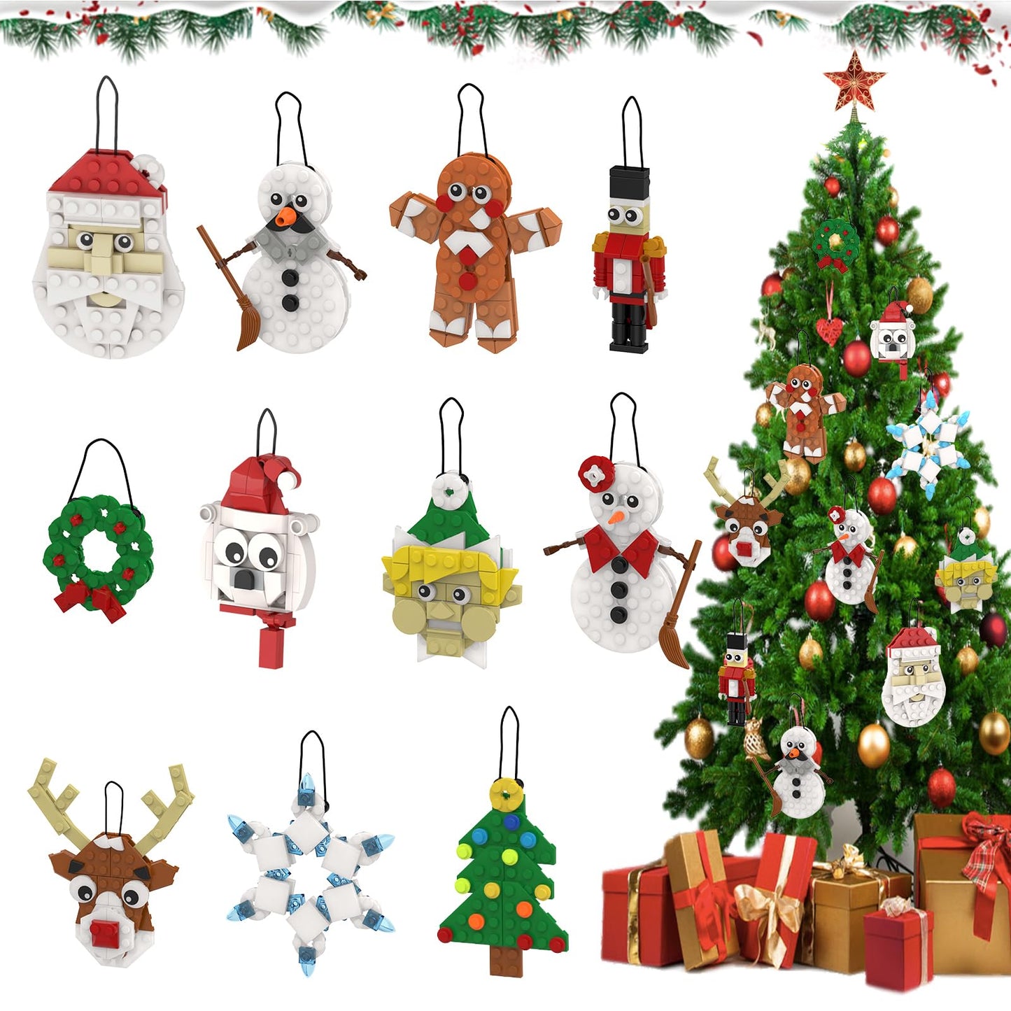 DECMIOX Christmas Ornaments Building Set, 11-in-1 Christmas Tree, Wreath, Santa, Reindeer, Gingerbread, Polar Bear, Snowflake, 2025 Xmas Holiday