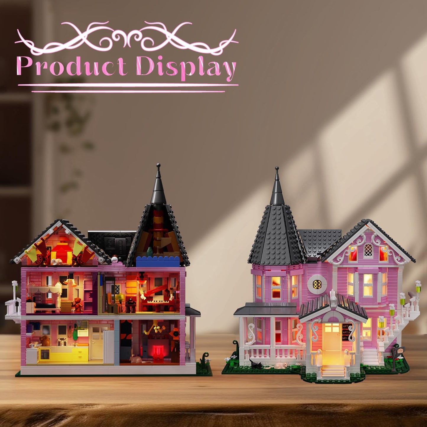 Pink Palace House Building Set with Lights, Halloween Haunted House Blocks Toy, Halloween House Kit for Kids Adults, Compatible with Lego, Christmas