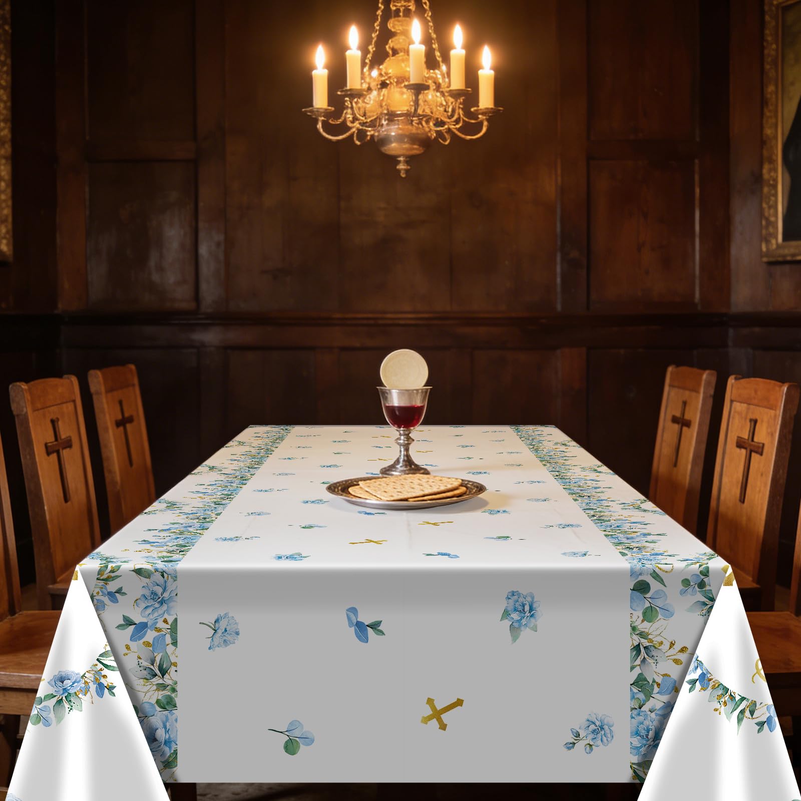 Pedenty 3-Piece 54 x 108 Inch First Communion Plastic Tablecloth - Floral Cross Disposable Rectangle Table Covers for First Communion Party, Church