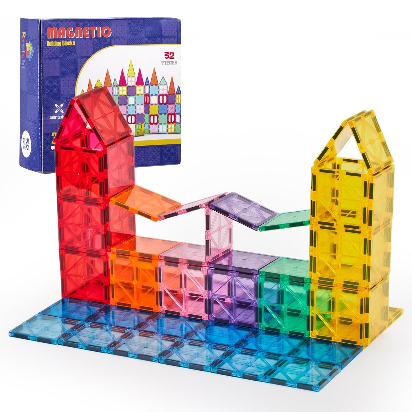 Ryoichi Magnetic Tile,32-Pack Square Magnetic Tiles Refill, 2.95in STEM Building Blocks for Kids, Expandable Educational Construction Toy Set