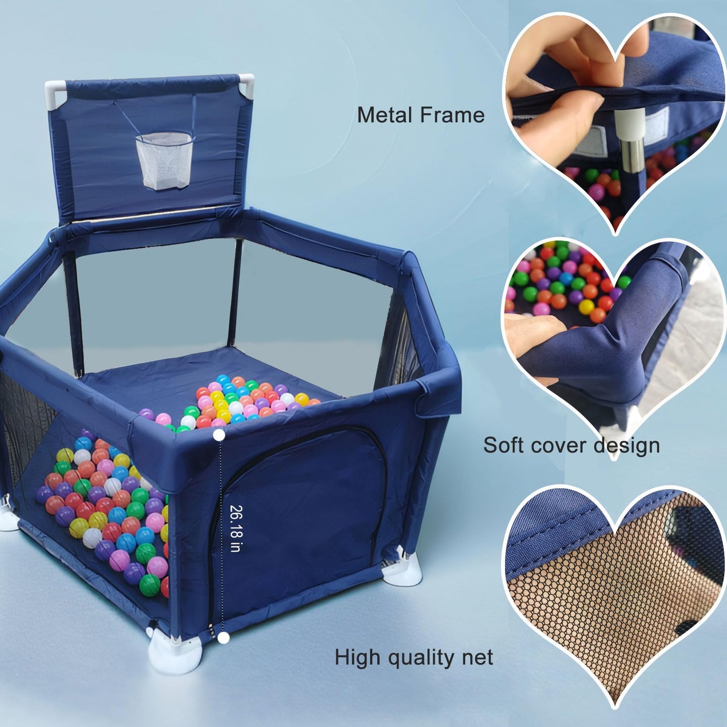 Portable Baby Ball Pit Playpen Playard Fence Playtent with Basketball Hoop Breathable Mesh for Indoors Outdoors Toddler Kids Large Blue 6-Panel