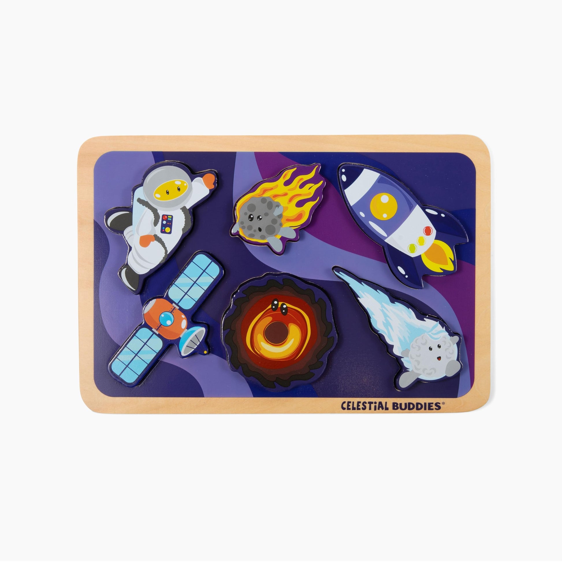 Celestial Buddies Journey into Space - Chunky Wooden Toddler Puzzle, 12x8 Inch Educational Space Puzzle for Early Science & Astronomy Exploration