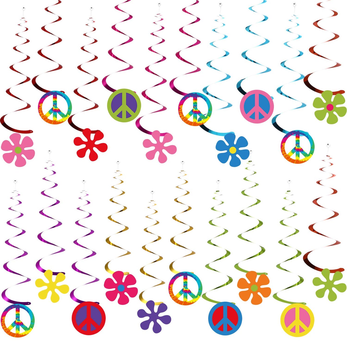 Outus 60s 70s Hippie Theme Birthday Party Decorations Foil Swirl Decorations, 60s 70s Peace Out Sign Groovy Daisy Retro Flower Power Cutouts Hanging