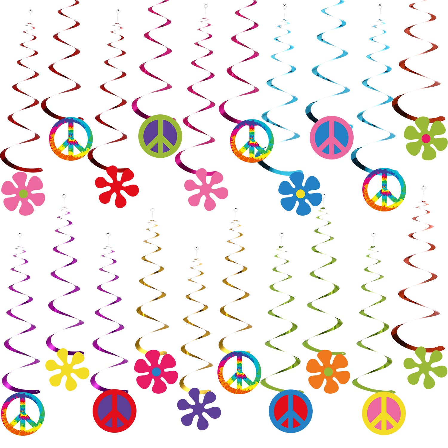 Outus 60s 70s Hippie Theme Birthday Party Decorations Foil Swirl Decorations, 60s 70s Peace Out Sign Groovy Daisy Retro Flower Power Cutouts Hanging