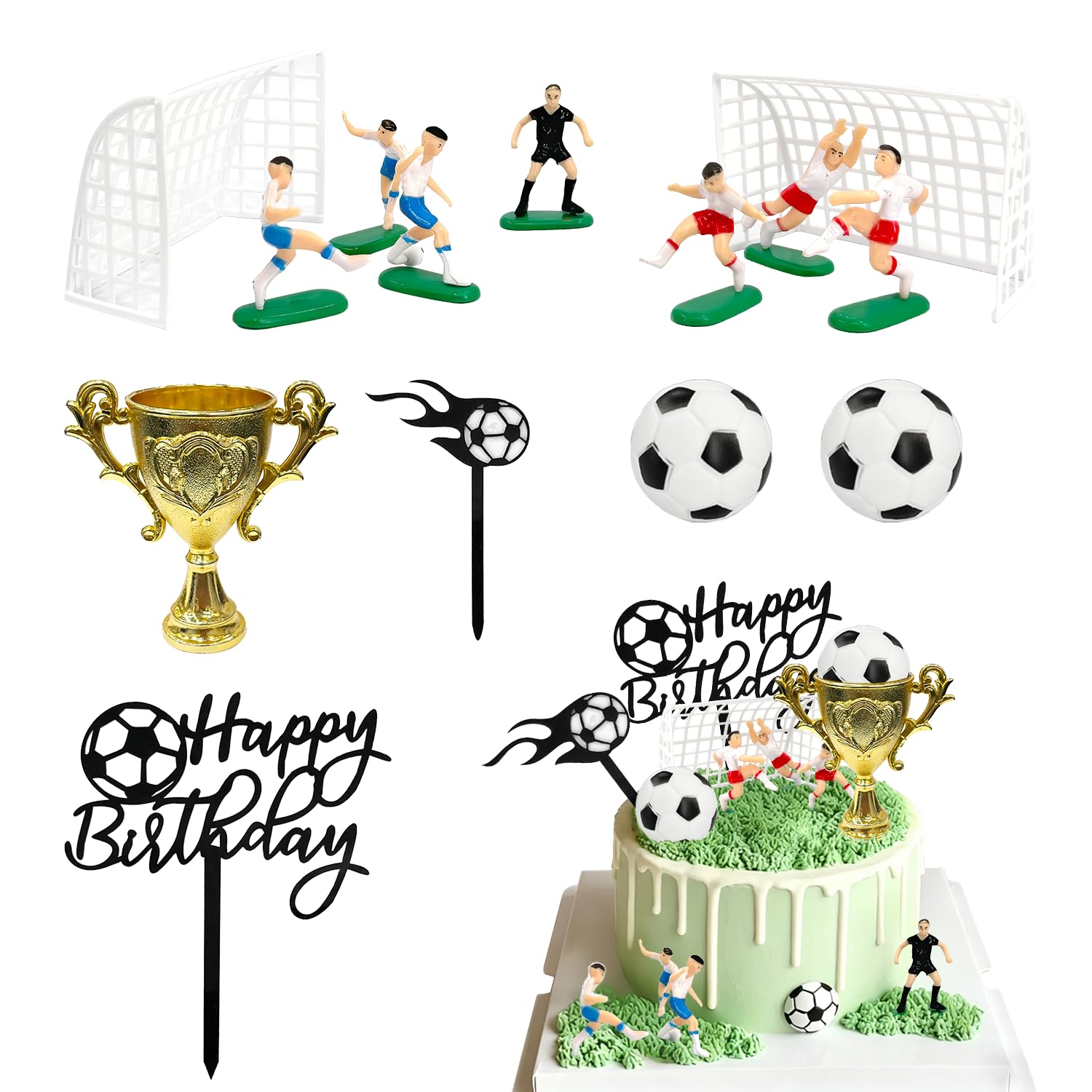 14PCS Soccer Cake Topper Decorations Set with Soccer Ball Cupcake Toppers and Player Figures for Soccer Birthday Party Sport Theme Supplies