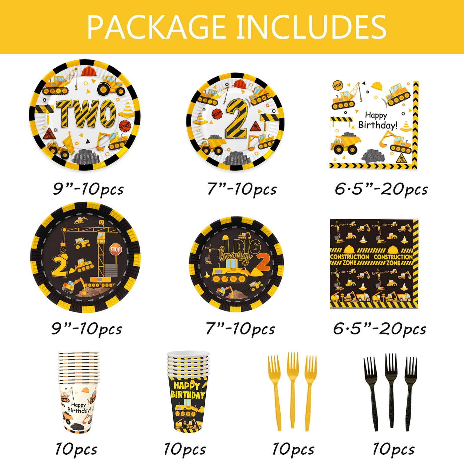 210 Pcs Construction 2nd Birthday Decorations - Includes Plates Napkins Cups Cake Cupcake Toppers Banner Hanging Swirls Tablecloths Balloons