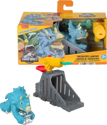 Fisher-Price Imaginext Jurassic World Launcher Set with 4.25-inch Chomping Toy Triceratops Dinosaur, Blaster & Food Projectile