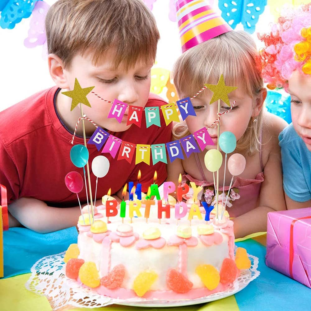 Xihuimay 15pcs Cake Topper Birthday Set Happy Birthday Banner Handmade Cupcake Topper including Colorful Rainbow Clouds Balloon Stars Picks for Boys