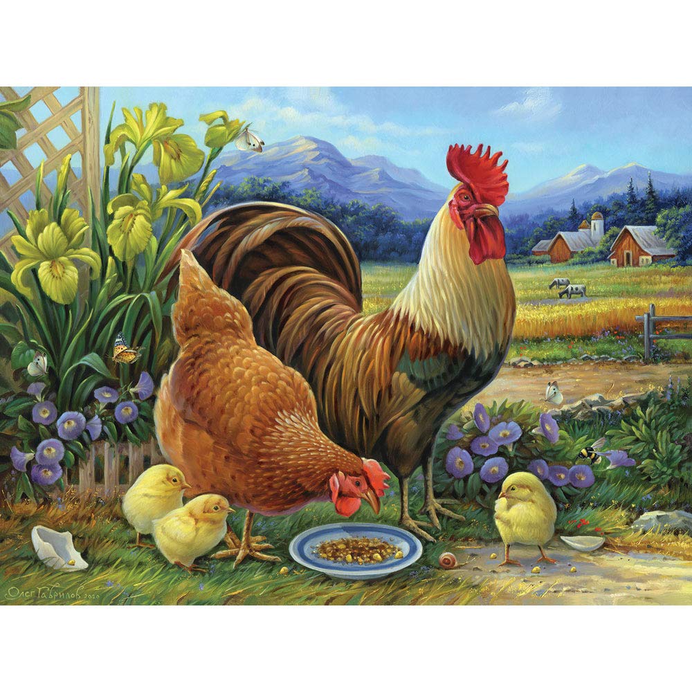 Bits and Pieces - 500 Piece Jigsaw Puzzle for Adults - Amber Rooster and Family - Hen Chicks Lunch Farm Country Flower Barn Jigsaw Puzzle by Artist