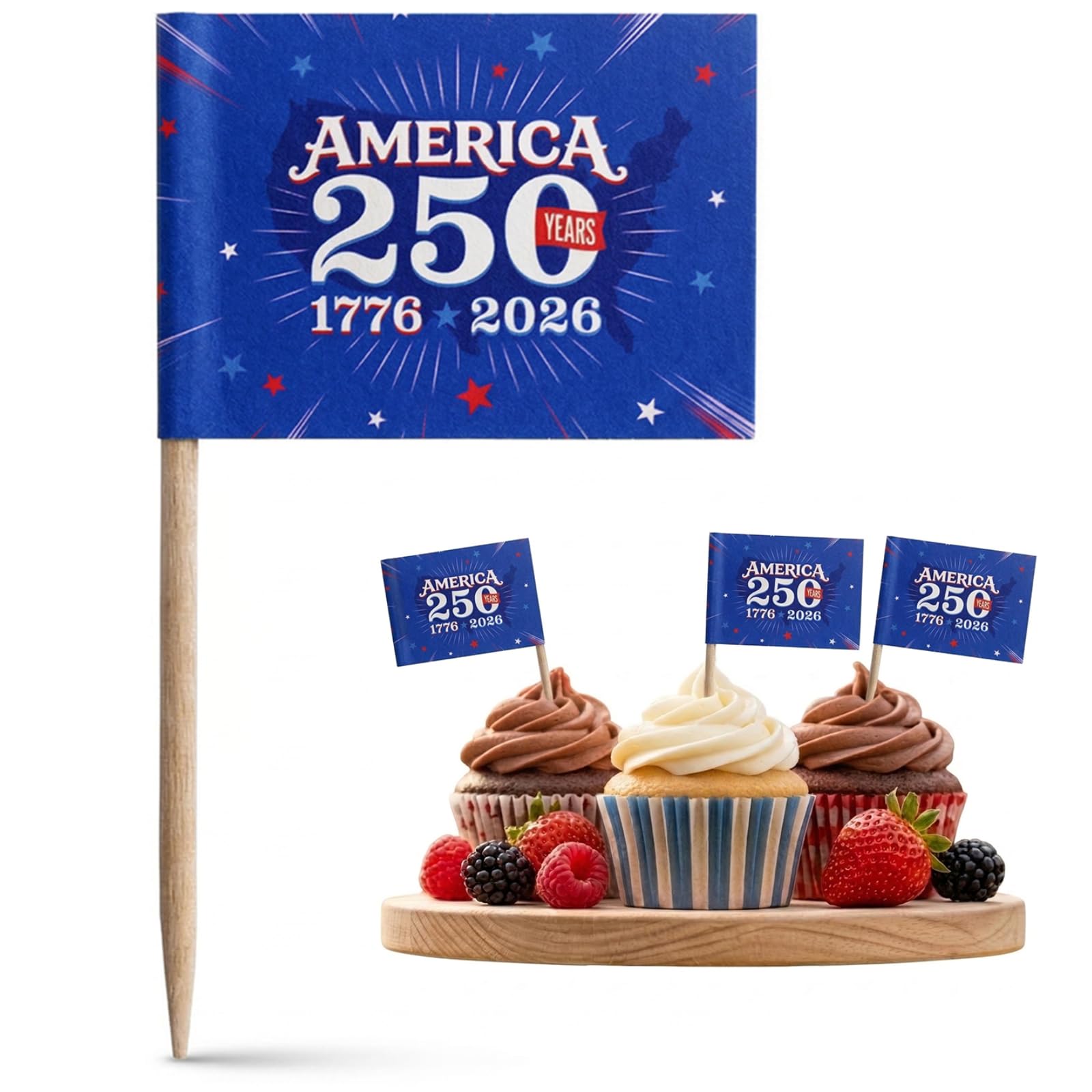 100 Pack America 250 Merchandise Toothpick Flags - Eco-Friendly USA 250th Anniversary Party Supplies & Cupcake Toppers - 1776-2026 Patriotic Mini Food