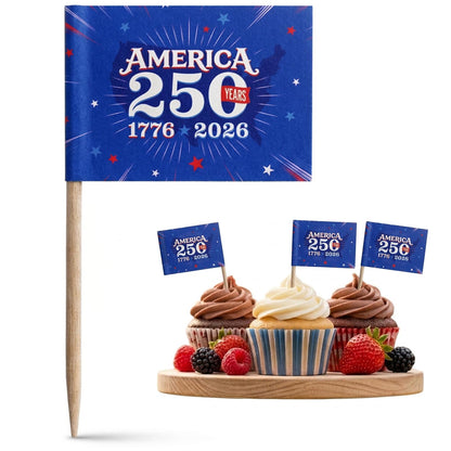 100 Pack America 250 Merchandise Toothpick Flags - Eco-Friendly USA 250th Anniversary Party Supplies & Cupcake Toppers - 1776-2026 Patriotic Mini Food
