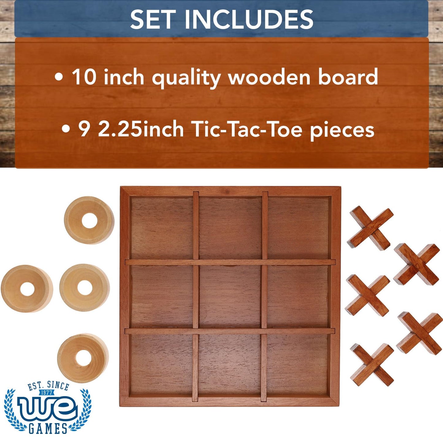 Wooden Tic Tac Toe Game - 9 Inch Solid Wood Board with X and O Pieces, Decorative Coffee Table Game, Classic Home Décor Accent