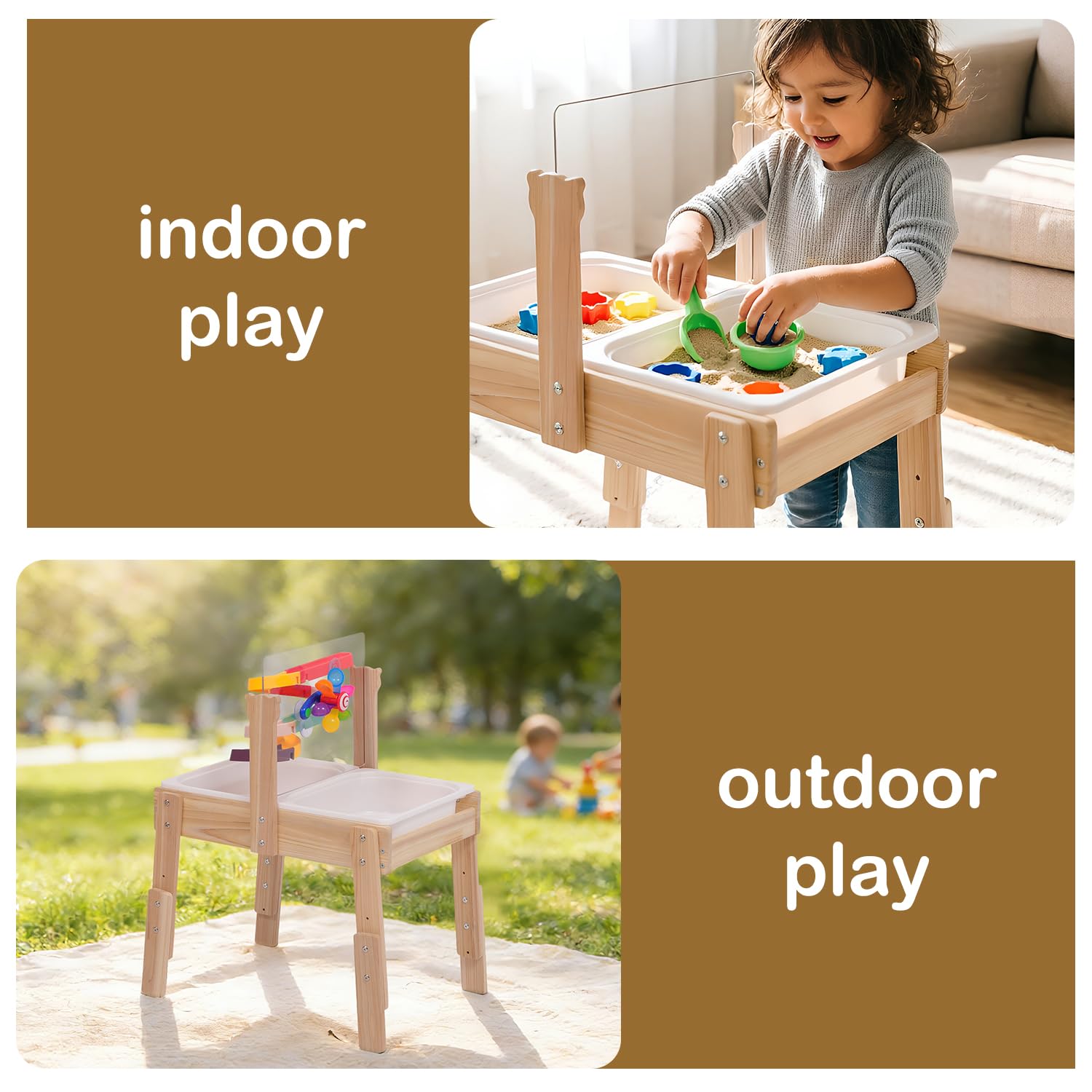 PHOKID Wooden Sensory Play Activity Table,Sand and Water Table for Toddlers,2 Sensory Bins, Acrylic Board & Water Track Toys,Montessori Kids Tables