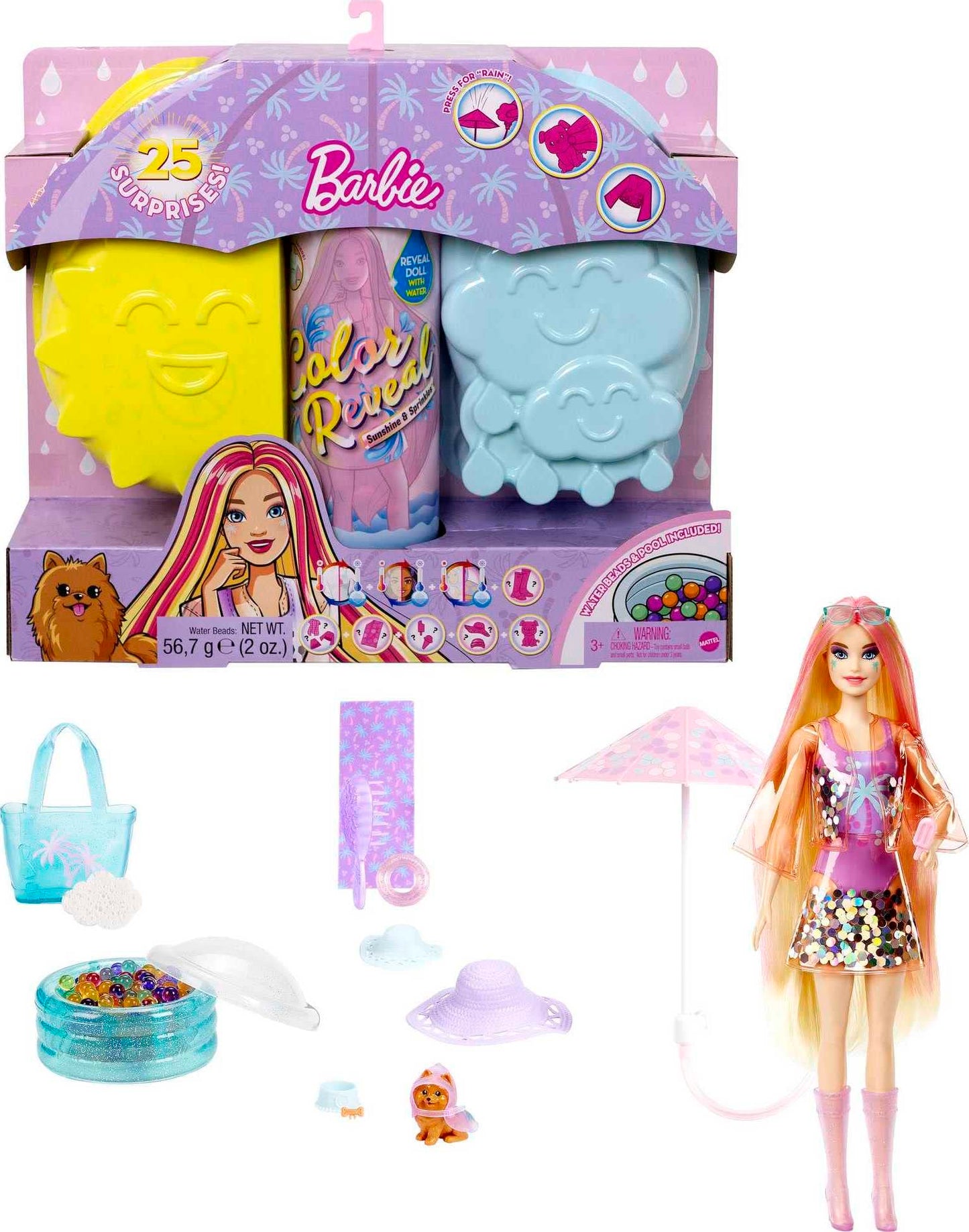 Barbie Color Reveal Sunshine and Sprinkles Doll & Accessories with 25 Surprises, Palm Tree Theme Including Water-Shower Umbrella & Color Change