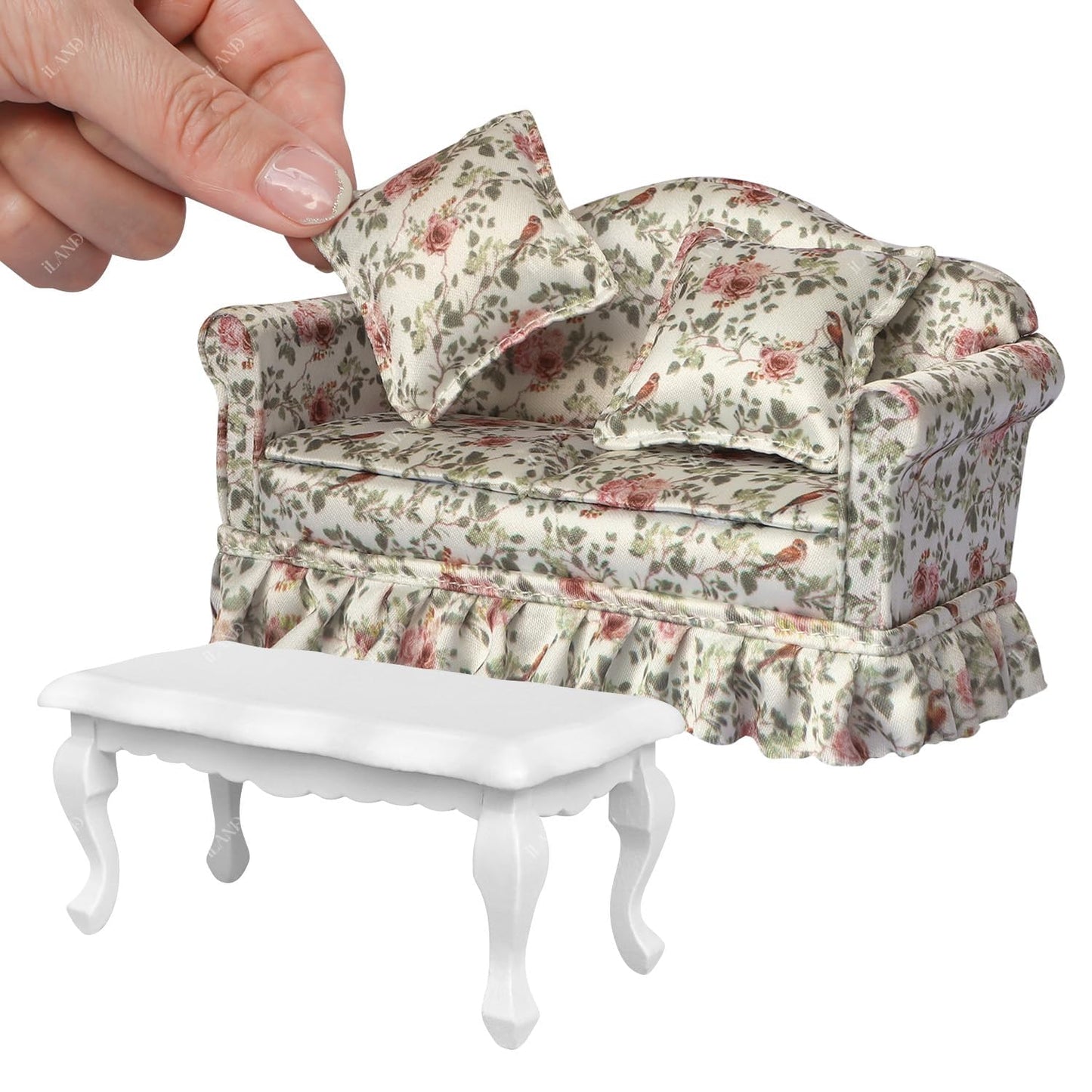 iLAND Dollhouse Furniture of Dollhouse Couch Set, Rose & Bird Pleated Sofa with Wood Coffee Table, Elegant Doll House Accessories and Furniture