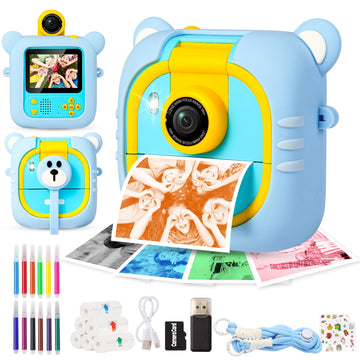 Kids Camera Instant Print, 7 Print Paper (4 Color: O/R/G/B+3 B&W), 2.4" Screen Instant Camera for Kids Ages 3-12,1080P, 180°Flip Lens,32GB Card