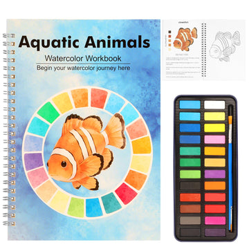 Watercolor Workbook, 24 Colors Solid Paint Set, Ocean Themed DIY Patterns, Anti-Bleed Paper, Beginner Friendly Art Kit For Adults
