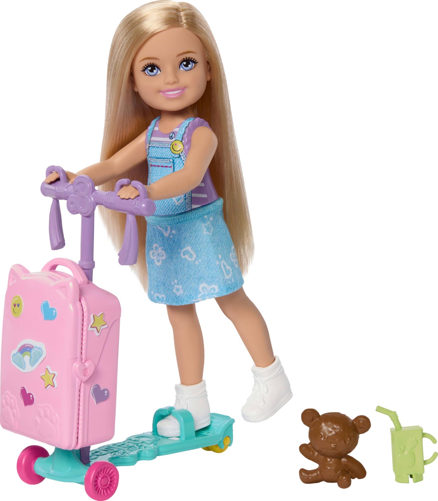 Barbie Club Chelsea Limitless Adventure Blonde Doll, Rolling Scooter-Suitcase and Travel-Themed Accessories