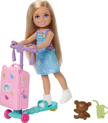 Barbie Club Chelsea Limitless Adventure Blonde Doll, Rolling Scooter-Suitcase and Travel-Themed Accessories