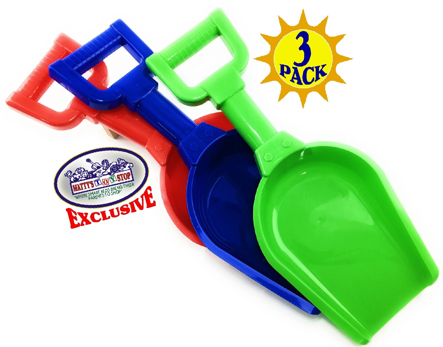 Matty's Toy Stop 17" Kids Sand Scoop Plastic Shovels for Sand & Beach (Red, Blue & Green) Complete Gift Set Bundle - 3 Pack